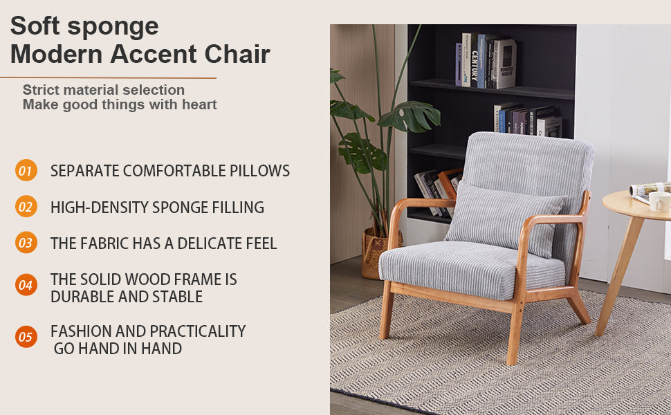 Mid-Century Modern Accent Chair, Arm Chair Living Room Chairs with Pillow Upholstered Reading Chair with Solid Wood Frame & Living Room Bedroom Balcony (Antique Dark Grey)