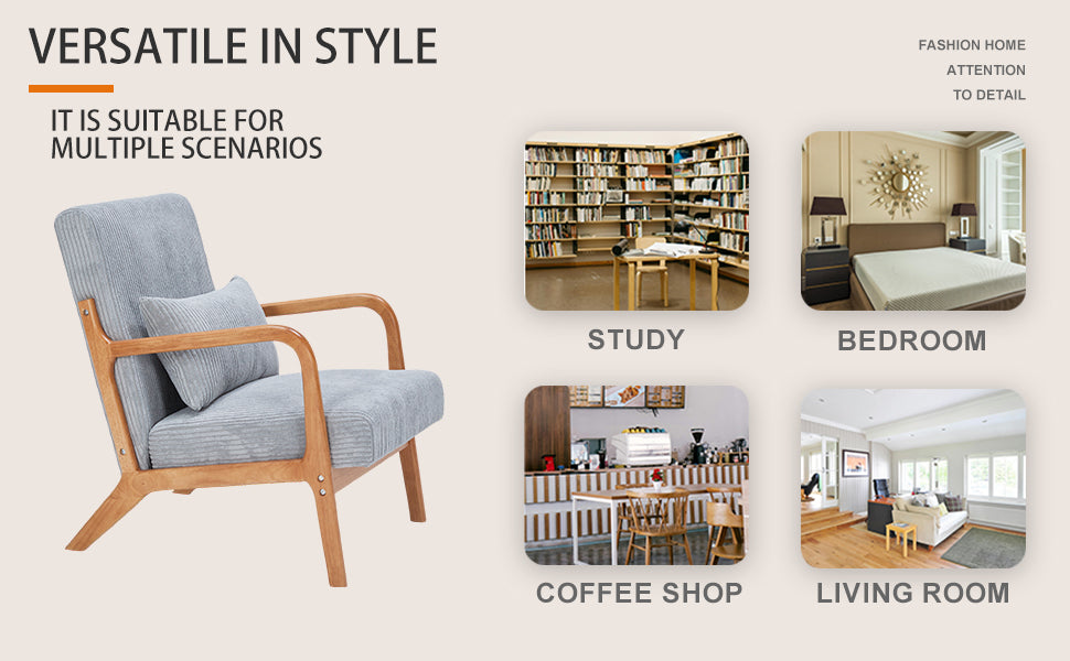 Mid-Century Modern Accent Chair, Arm Chair Living Room Chairs with Pillow Upholstered Reading Chair with Solid Wood Frame & Living Room Bedroom Balcony (Antique Dark Grey)