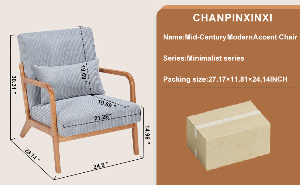 Mid-Century Modern Accent Chair, Arm Chair Living Room Chairs with Pillow Upholstered Reading Chair with Solid Wood Frame & Living Room Bedroom Balcony (Antique Dark Grey)